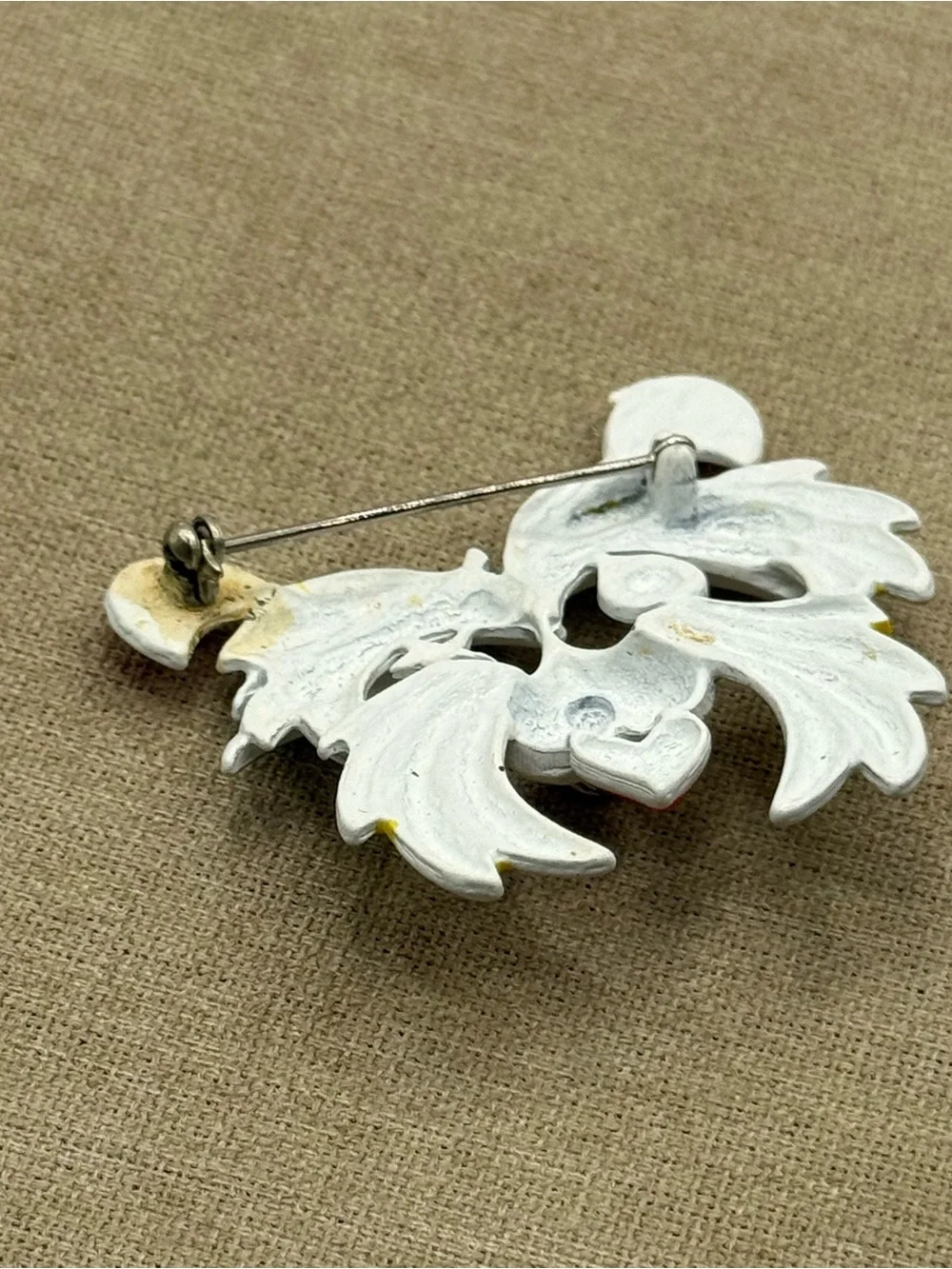 vintage White Enamel Heart Accent dog Brooch with Yellow and Red Details